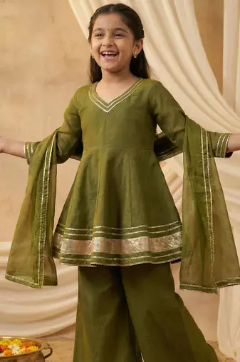 Girl's crunchy silk a-line kurta palazzo with dupatta set