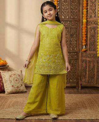Girl's crunchy silk sequins embroidered kurta palazzo with dupatta set 2