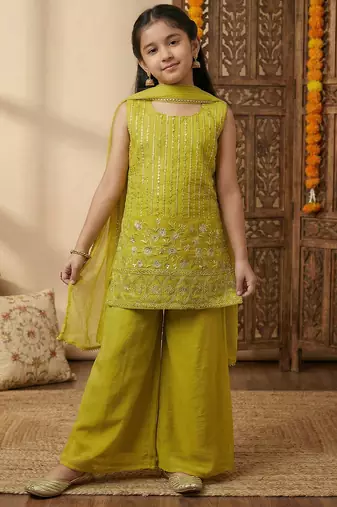 Girl's crunchy silk sequins embroidered kurta palazzo with dupatta set