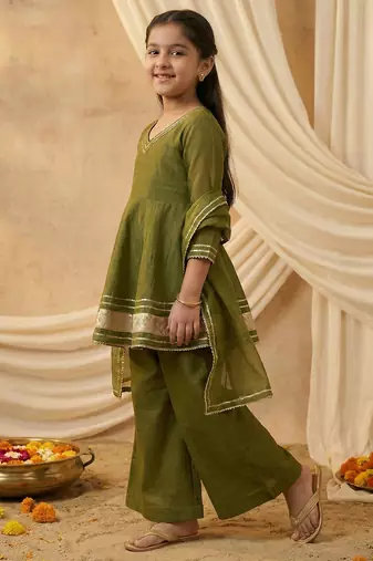 Girl's crunchy silk a-line kurta palazzo with dupatta set