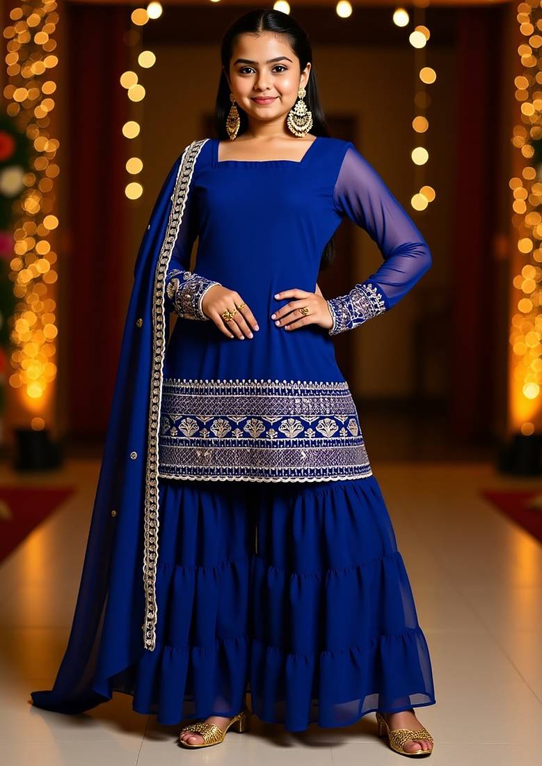 Girl's georgette sequins embroidered kurta sharara with dupatta set