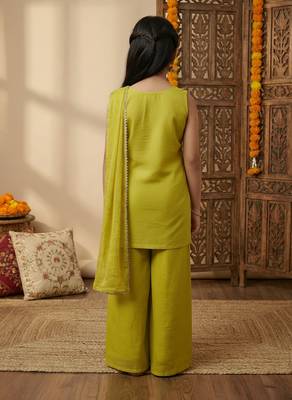 Girl's crunchy silk sequins embroidered kurta palazzo with dupatta set 3