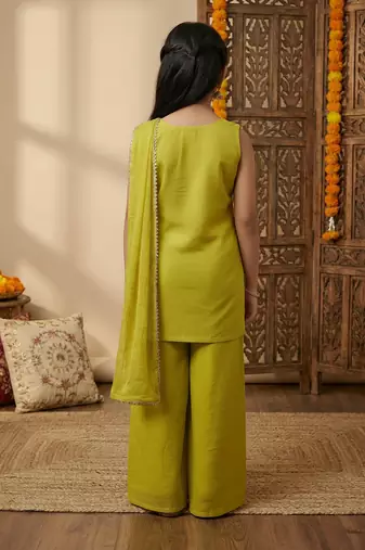 Girl's crunchy silk sequins embroidered kurta palazzo with dupatta set