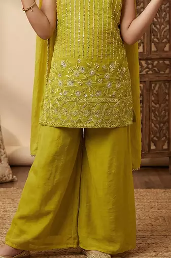 Girl's crunchy silk sequins embroidered kurta palazzo with dupatta set