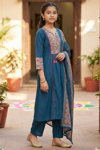 Girl's silk blend digital printed anarkali kurta pant with dupatta set