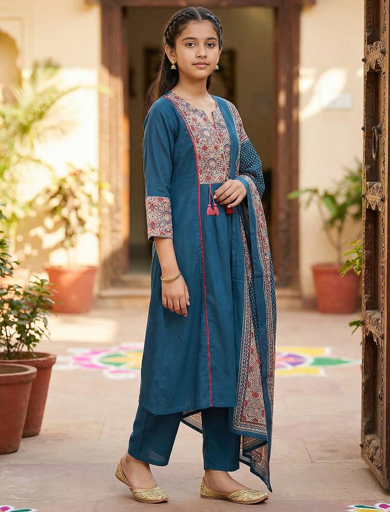 Girl's silk blend digital printed anarkali kurta pant with dupatta set