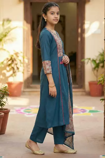Girl's silk blend digital printed anarkali kurta pant with dupatta set