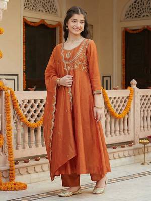 Girl's vichitra silk sequins embroidered anarkali kurta pant with dupatta set 1