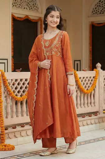 Girl's vichitra silk sequins embroidered anarkali kurta pant with dupatta set