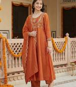 Girl's vichitra silk sequins embroidered anarkali kurta pant with dupatta set