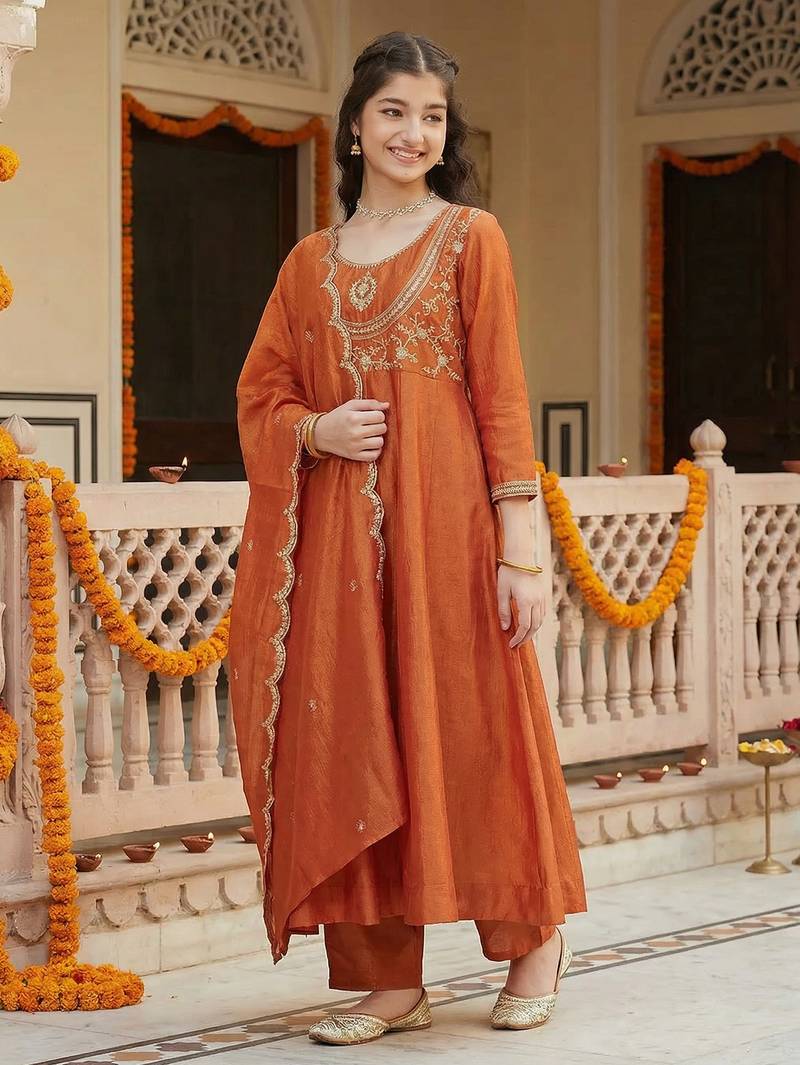 Girl's vichitra silk sequins embroidered anarkali kurta pant with dupatta set