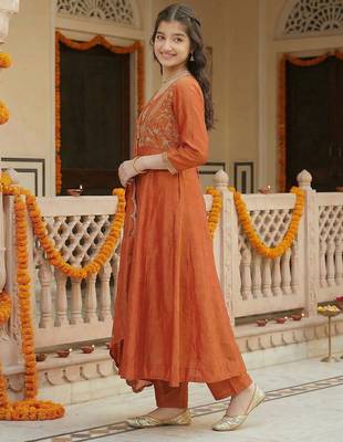 Girl's vichitra silk sequins embroidered anarkali kurta pant with dupatta set 2