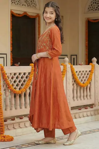 Girl's vichitra silk sequins embroidered anarkali kurta pant with dupatta set