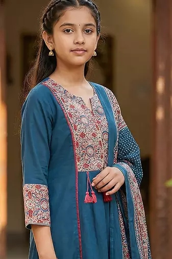 Girl's silk blend digital printed anarkali kurta pant with dupatta set