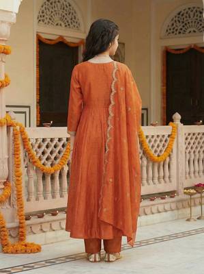 Girl's vichitra silk sequins embroidered anarkali kurta pant with dupatta set 3