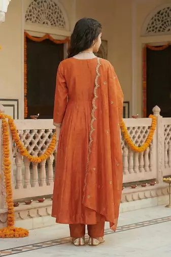 Girl's vichitra silk sequins embroidered anarkali kurta pant with dupatta set