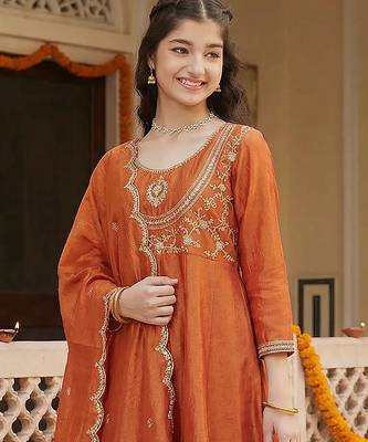 Girl's vichitra silk sequins embroidered anarkali kurta pant with dupatta set 4