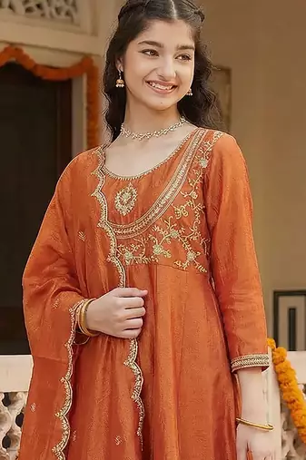 Girl's vichitra silk sequins embroidered anarkali kurta pant with dupatta set
