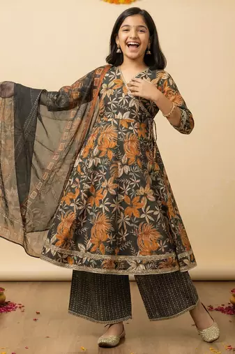Girl's cotton blend printed angrakha kurta palazzo with dupatta set