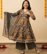 Girl's cotton blend printed angrakha kurta palazzo with dupatta set