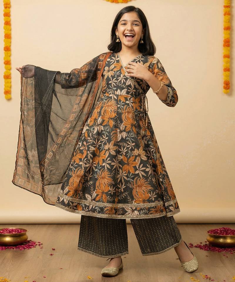 Girl's cotton blend printed angrakha kurta palazzo with dupatta set