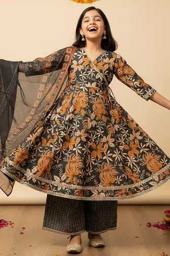 Girl's cotton blend printed angrakha kurta palazzo with dupatta set