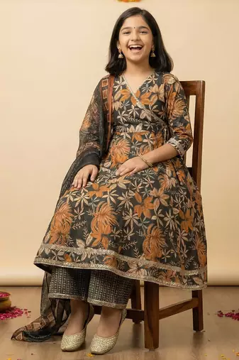 Girl's cotton blend printed angrakha kurta palazzo with dupatta set