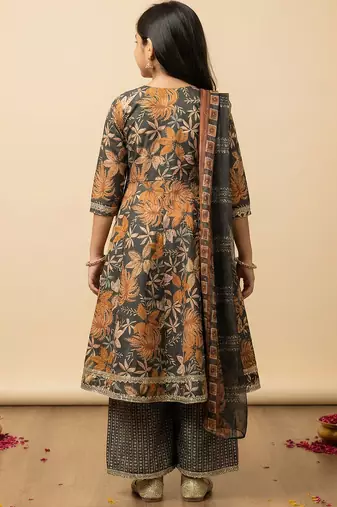 Girl's cotton blend printed angrakha kurta palazzo with dupatta set