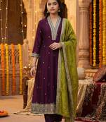 Girl's vichitra silk sequins embroidered anarkali kurta pant with dupatta set