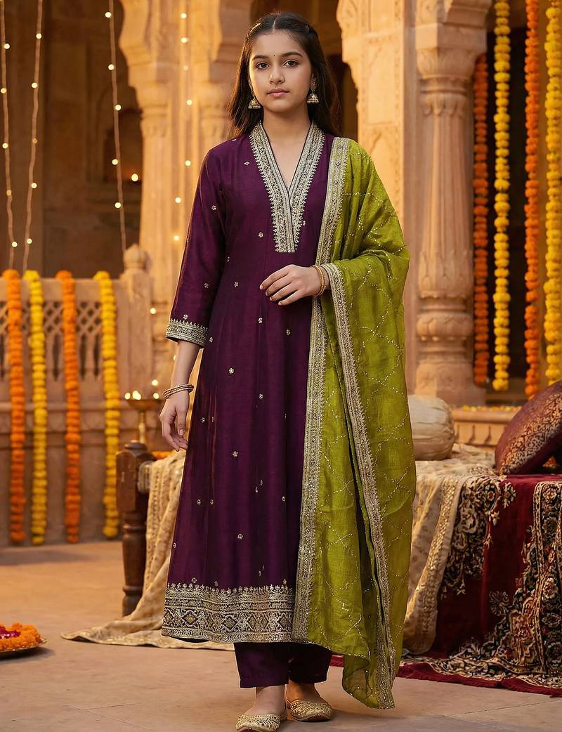 Girl's vichitra silk sequins embroidered anarkali kurta pant with dupatta set
