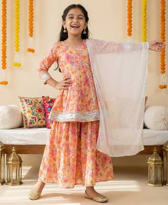 Girl's silk blend floral print a-line kurta sharara with dupatta set 1