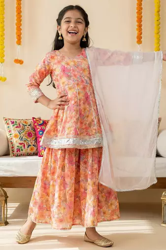 Girl's silk blend floral print a-line kurta sharara with dupatta set