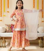 Girl's silk blend floral print a-line kurta sharara with dupatta set