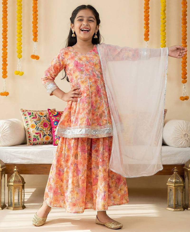 Girl's silk blend floral print a-line kurta sharara with dupatta set