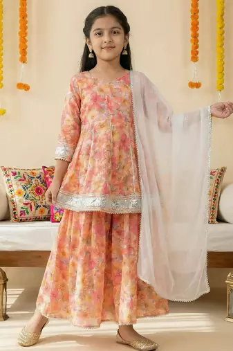 Girl's silk blend floral print a-line kurta sharara with dupatta set