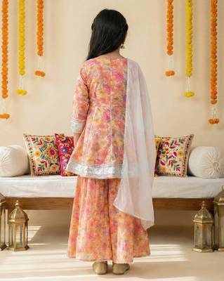 Girl's silk blend floral print a-line kurta sharara with dupatta set 3