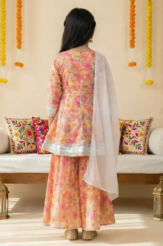 Girl's silk blend floral print a-line kurta sharara with dupatta set