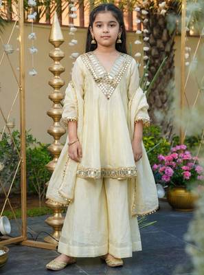 Girl's silk mirror embroidered designer kurta palazzo with dupatta set 1