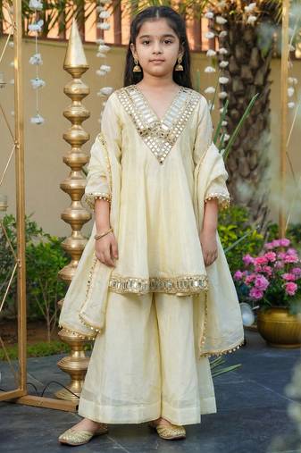 Girl's silk mirror embroidered designer kurta palazzo with dupatta set