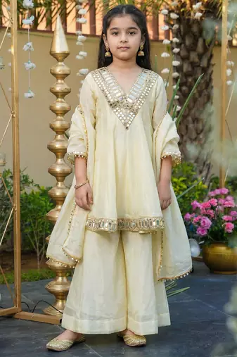 Girl's silk mirror embroidered designer kurta palazzo with dupatta set