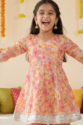 Girl's silk blend floral print a-line kurta sharara with dupatta set