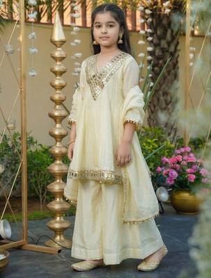Girl's silk mirror embroidered designer kurta palazzo with dupatta set 2