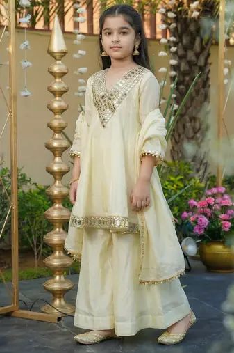 Girl's silk mirror embroidered designer kurta palazzo with dupatta set