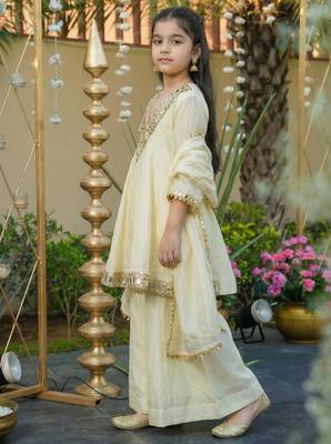 Girl's silk mirror embroidered designer kurta palazzo with dupatta set 3
