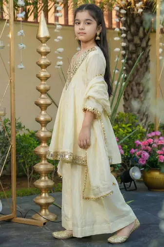 Girl's silk mirror embroidered designer kurta palazzo with dupatta set
