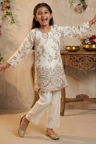 Girl's silk traditional motiff designer kurta pant set