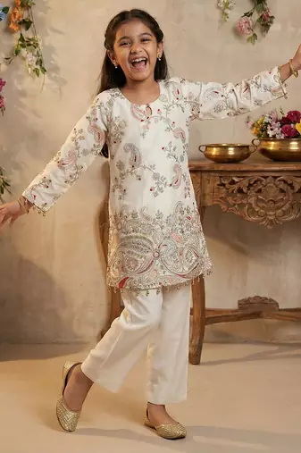 Girl's silk traditional motiff designer kurta pant set