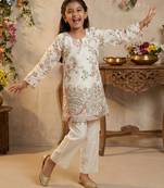 Girl's silk traditional motiff designer kurta pant set