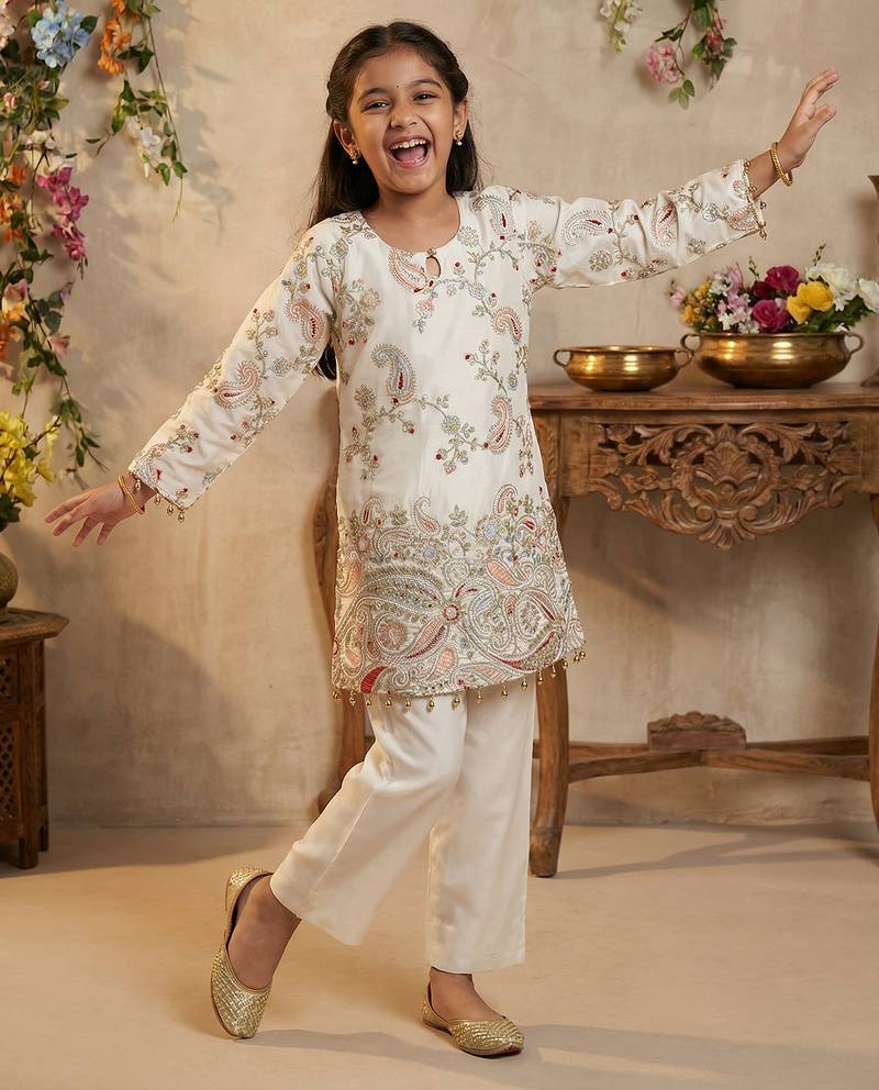 Girl's silk traditional motiff designer kurta pant set