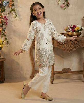 Girl's silk traditional motiff designer kurta pant set 2